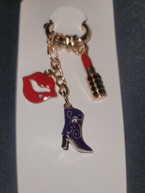 Gold-tone Charm Keychain with Red Lip, Red Lipstick & Purple Boot
